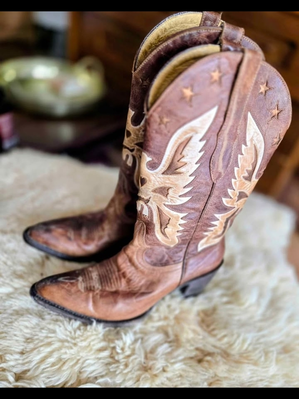 Idyllwind Vice Distressed leather cowboy boots w/ phoenix & stars designs, SZ 7